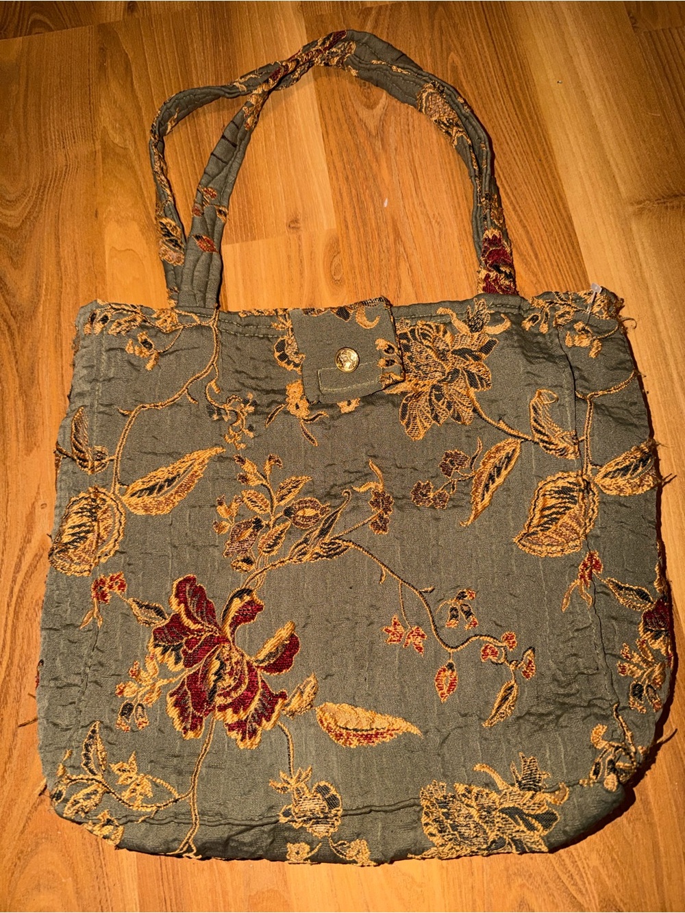 Quilted Floral Tote Bag in Olive Green and Gold